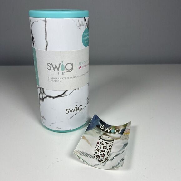 Swig Life Skinny Slim Can Cooler Insulated Marble & Turquoise Hot Cold 12 oz - Picture 1 of 5